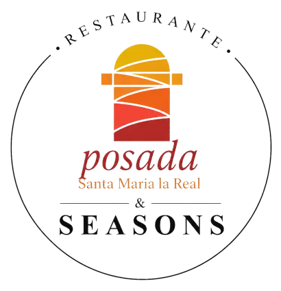 Logotipo para Restaurante Posada Santa Mar&iacute;a la Real y Seasons, en rojo, naranja y negro, dentro de un c&iacute;rculo