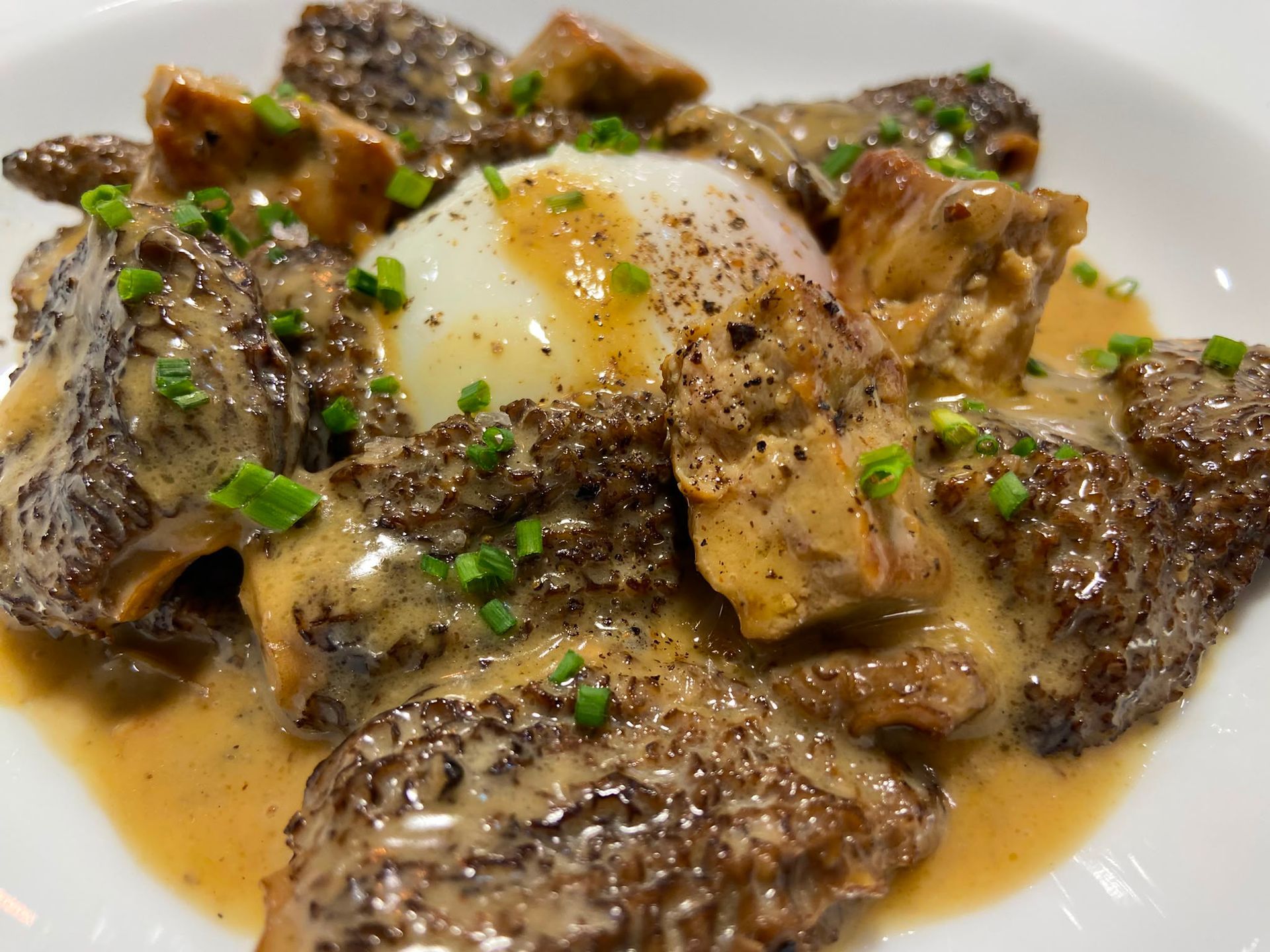 Estofado de ternera con huevo escalfado, salsa a la pimienta y hierbas picadas en un plato blanco