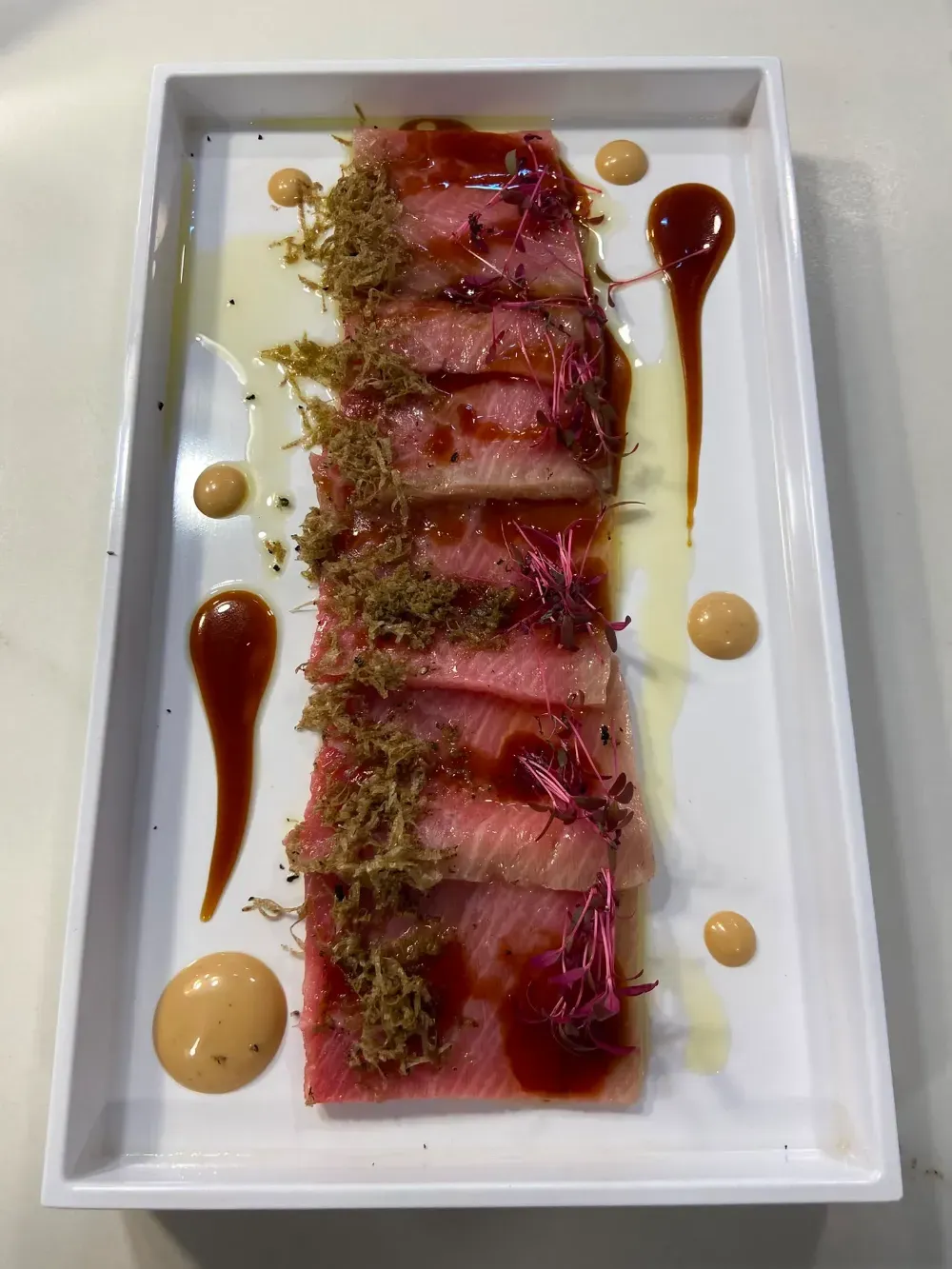 Pescado rosado sellado y cortado en rodajas sobre un plato rectangular blanco, con hilos de salsa y guarnición