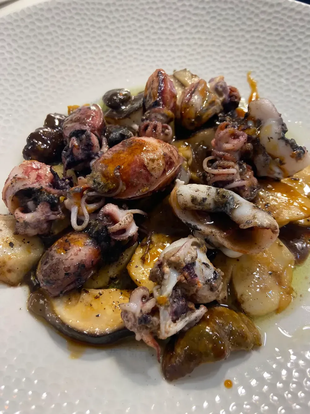 Plato de marisco con chipirones y moluscos en una salsa oscura sobre un plato blanco