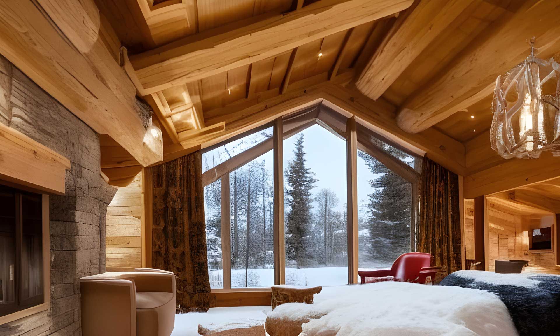 Intérieur de chambre dans un chalet en plein hiver