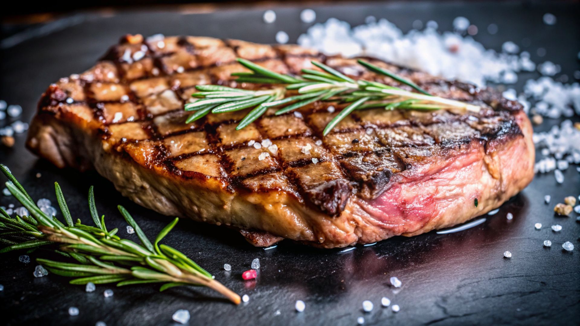 Bistec a la parrilla con marcas de parrilla, ramitas de romero y sal gruesa sobre una superficie oscura.
