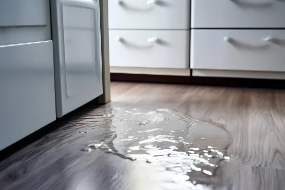 Charco de agua en el piso de madera frente al gabinete blanco, posiblemente debido a una fuga.