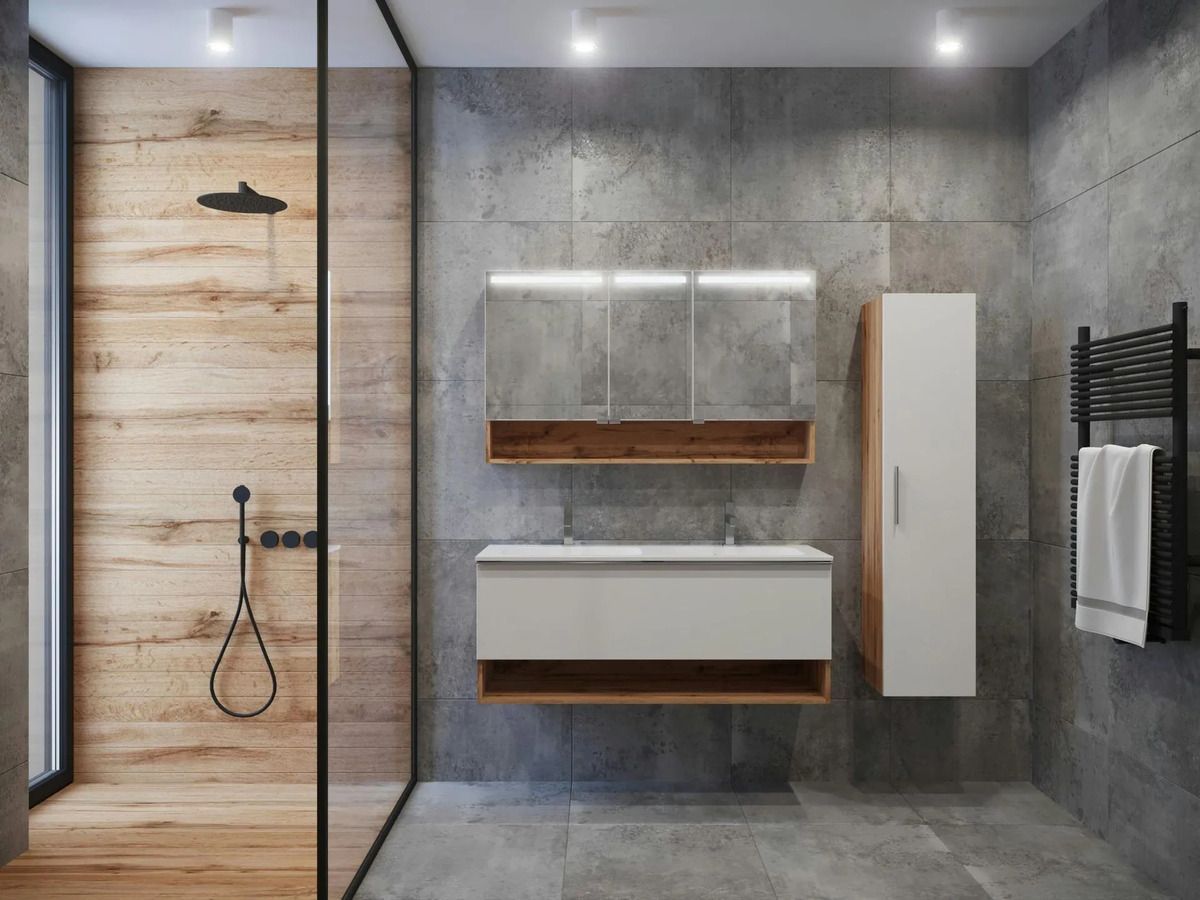 Baño moderno con detalles en madera y gris: ducha, tocador, mueble, calentador de toallas.