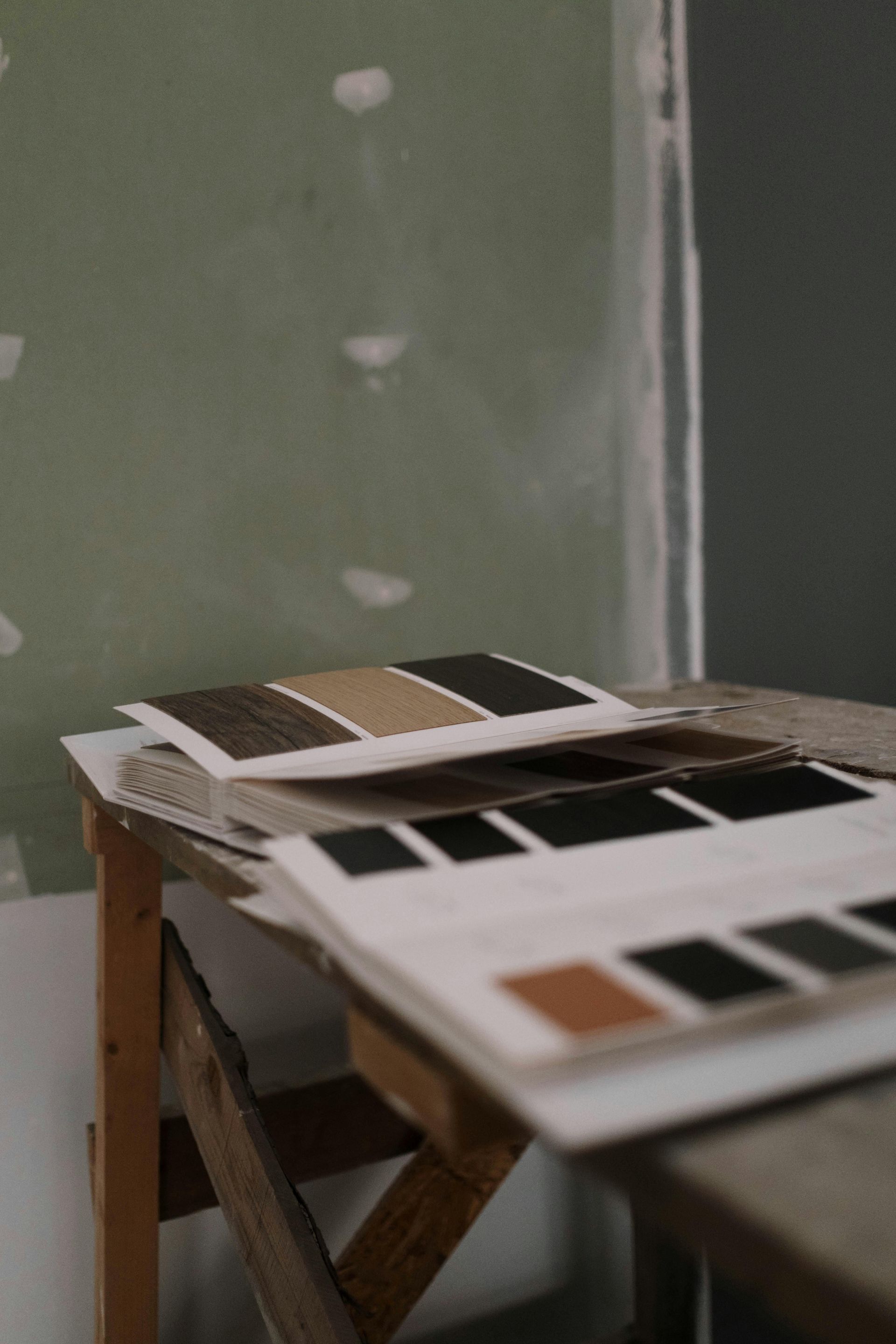 Muestras de colores de pintura sobre un soporte de madera en una habitación con paredes verdes y grises.