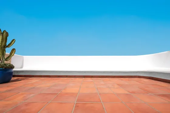 Patio de baldosas de terracota con una pared blanca, una maceta azul con cactus y un cielo azul brillante como fondo.