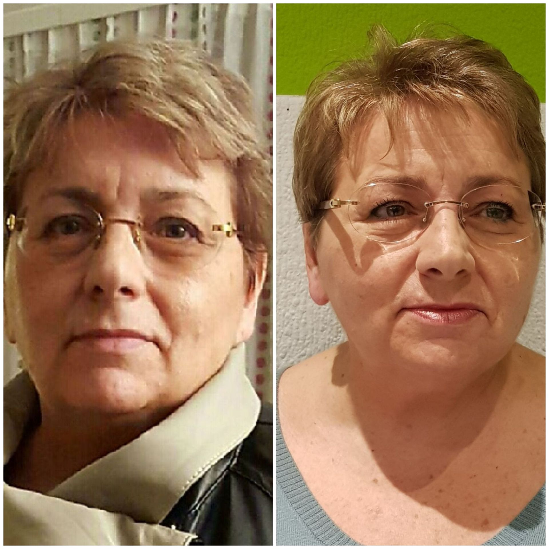 Deux photos d'une femme portant des lunettes et un foulard