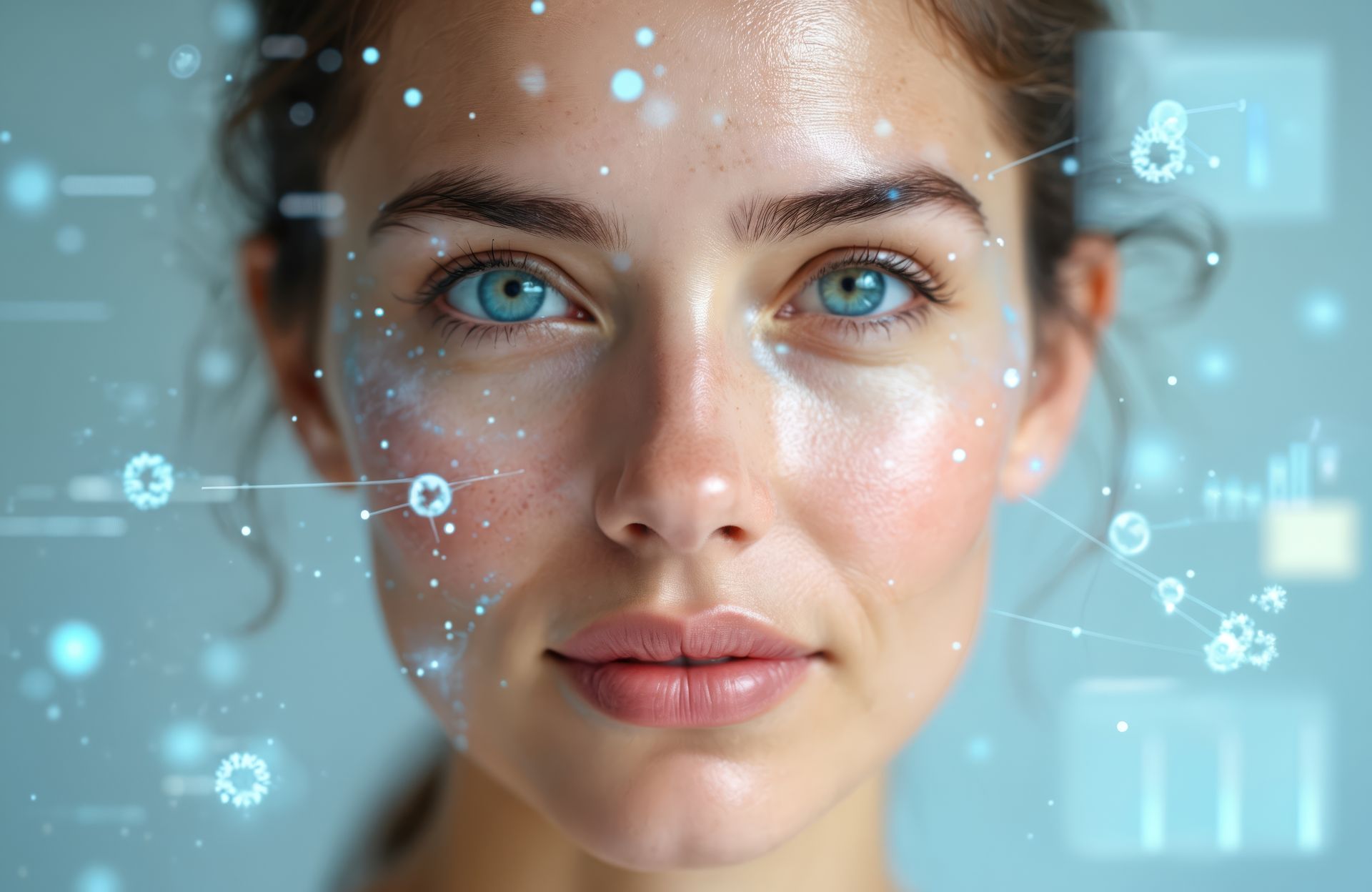 Un gros plan du visage d'une femme avec un écran futuriste derrière elle.