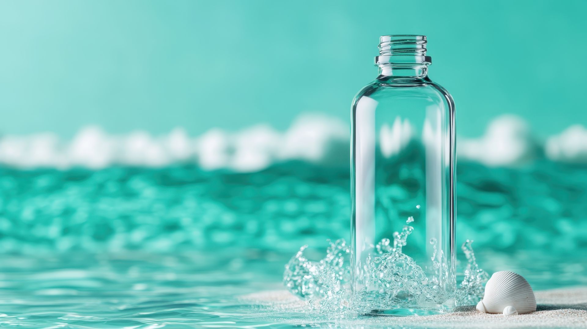 Une bouteille d'eau est posée sur la plage à côté d'un coquillage.