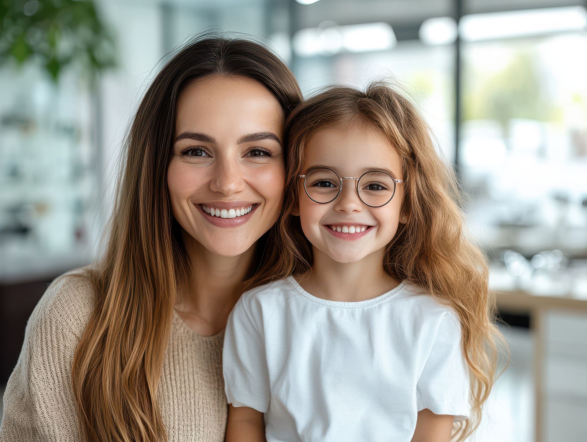 Une femme et une petite fille portant des lunettes sourient à la caméra.