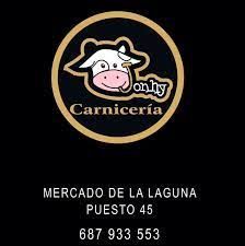 Un logotipo para una carnicería con una vaca en un círculo sobre un fondo negro.