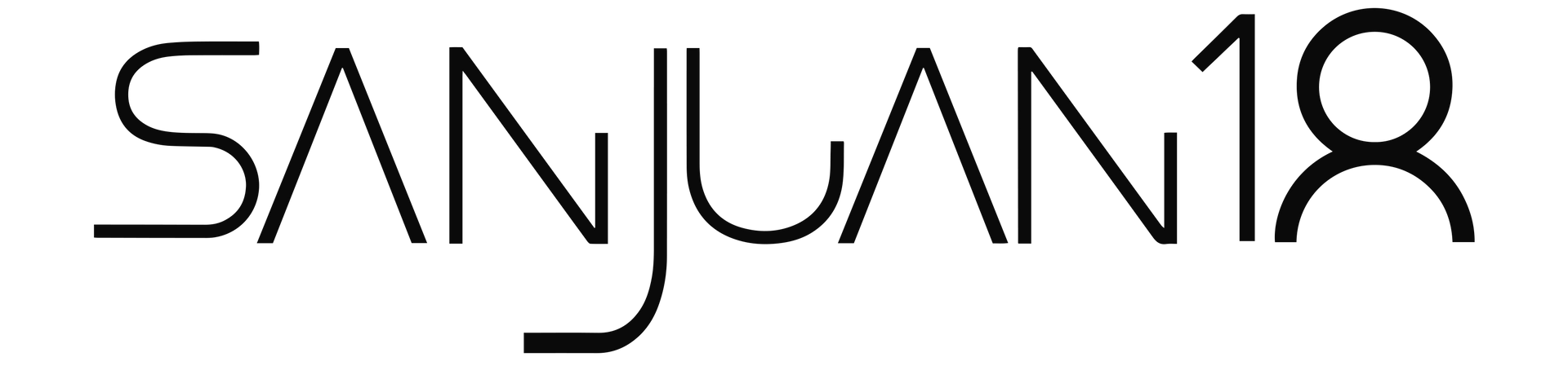 Un logotipo en blanco y negro para San Juan 18 sobre un fondo blanco.