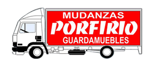 Un camión blanco con un cartel rojo que dice mudanzas porfirio guardamuebles