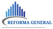 Un logotipo azul y gris para Reforma General con un edificio al fondo.