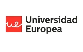 Un logotipo para la Universidad Europea con un cuadrado rojo en el medio.