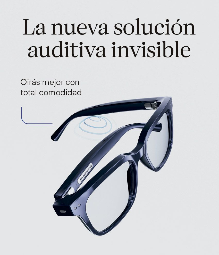Gafas de montura oscura con solución auditiva invisible. Texto: