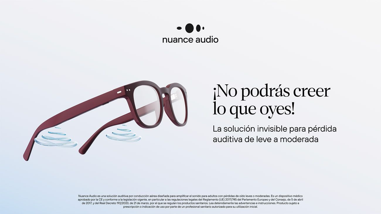Anuncio de Nuance Audio con gafas color granate con ondas sonoras y el lema "¡No creerás lo que oirás!"