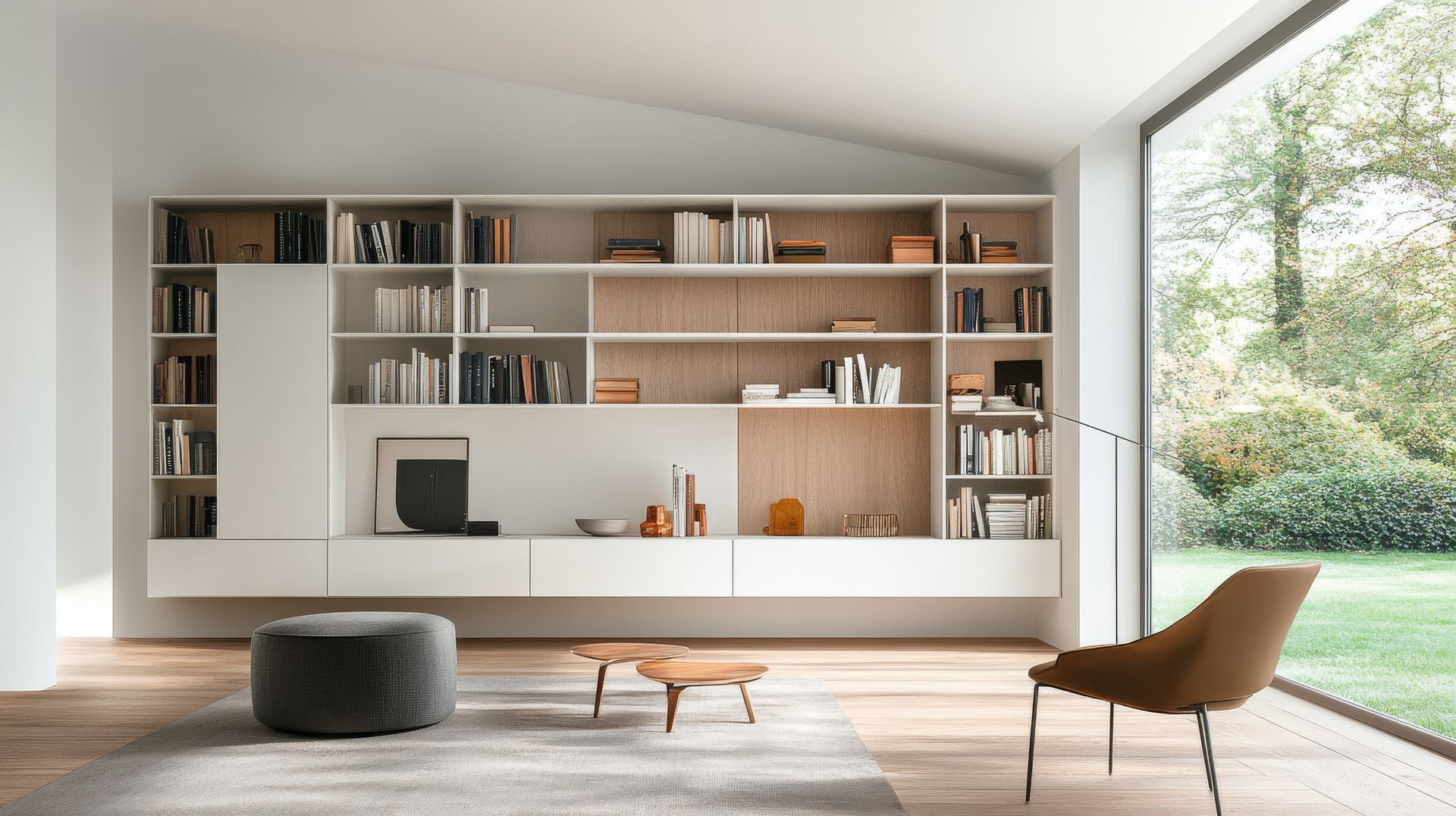 Salon avec une bibliothèque blanche intégrée, des meubles modernes et une grande fenêtre donnant sur une cour verdoyante.