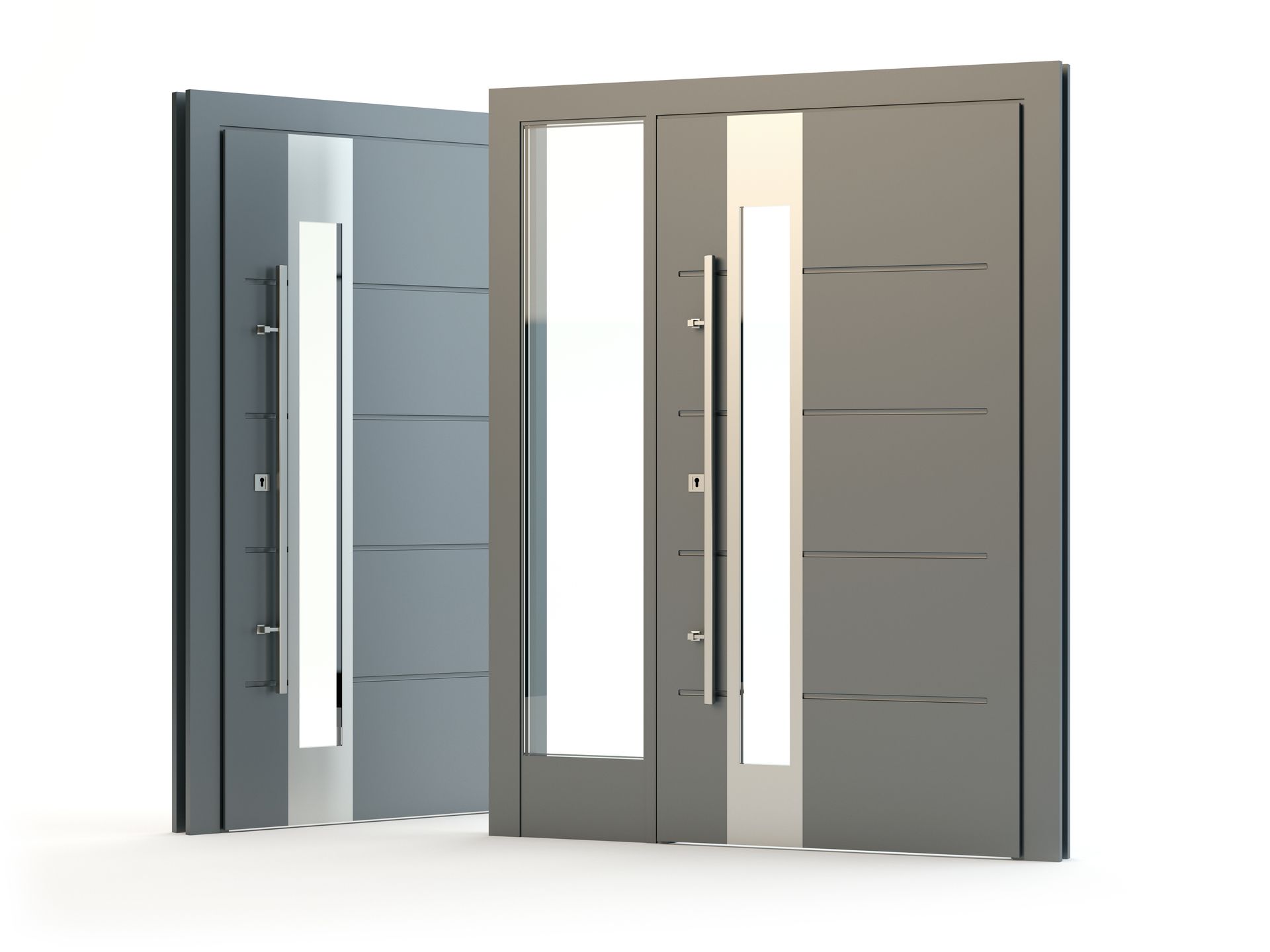 Deux portes grises modernes, l'une entrouverte, toutes deux avec des lignes horizontales et de longues poignées argentées.