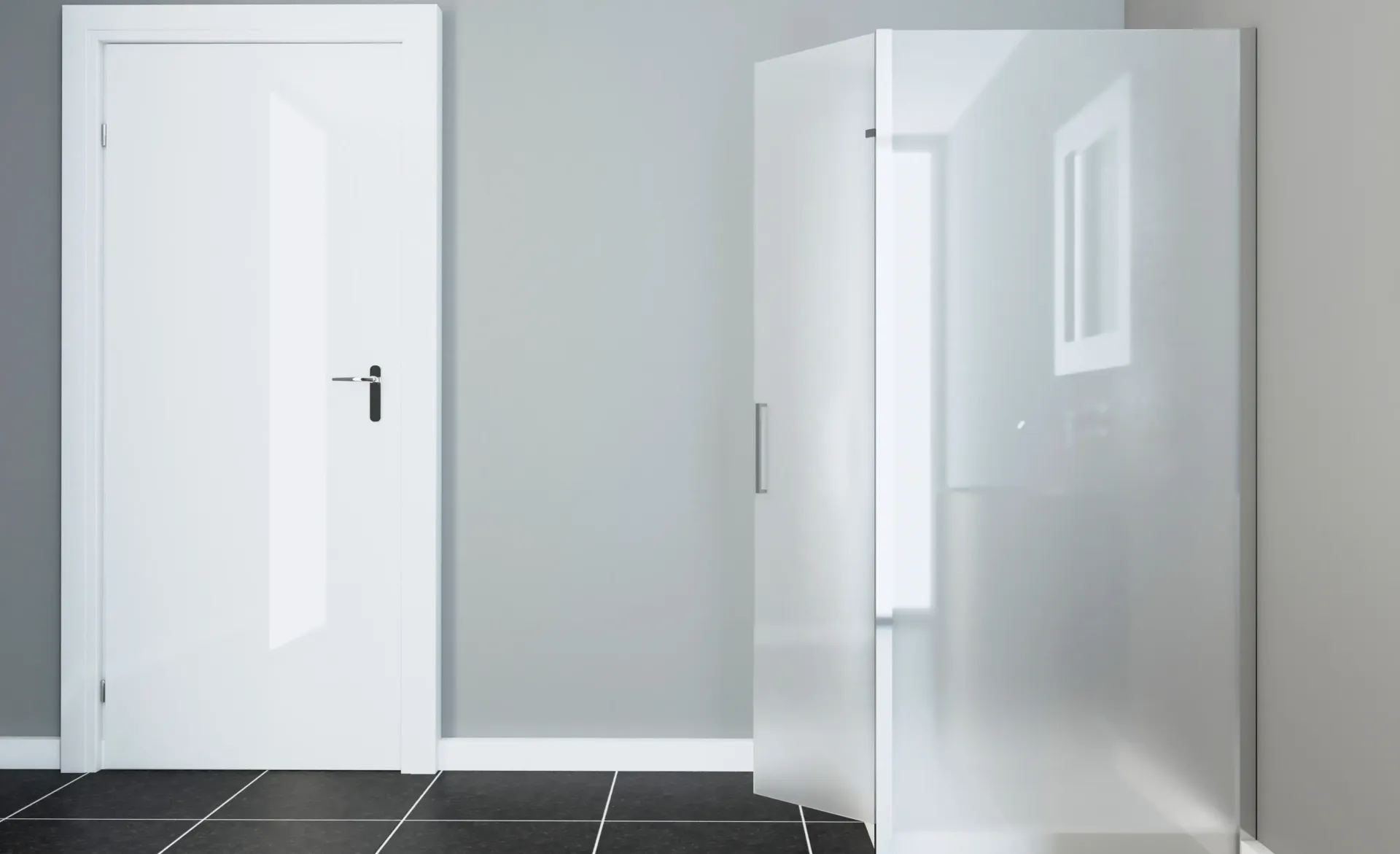 Una habitación con dos puertas blancas y una puerta de cristal.