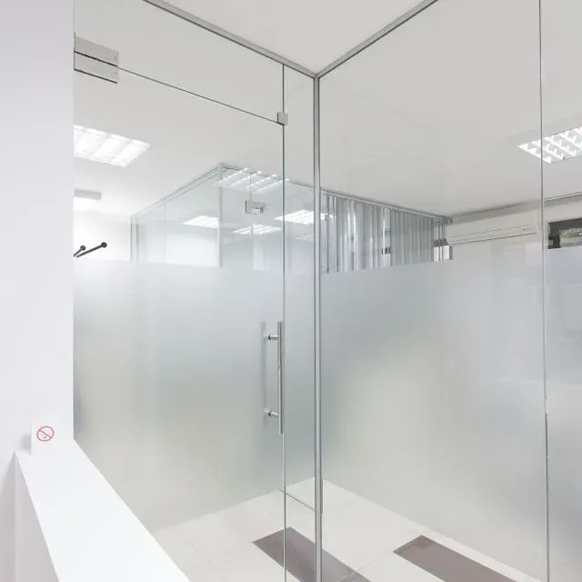 Una habitación con una puerta de cristal y vidrio esmerilado.