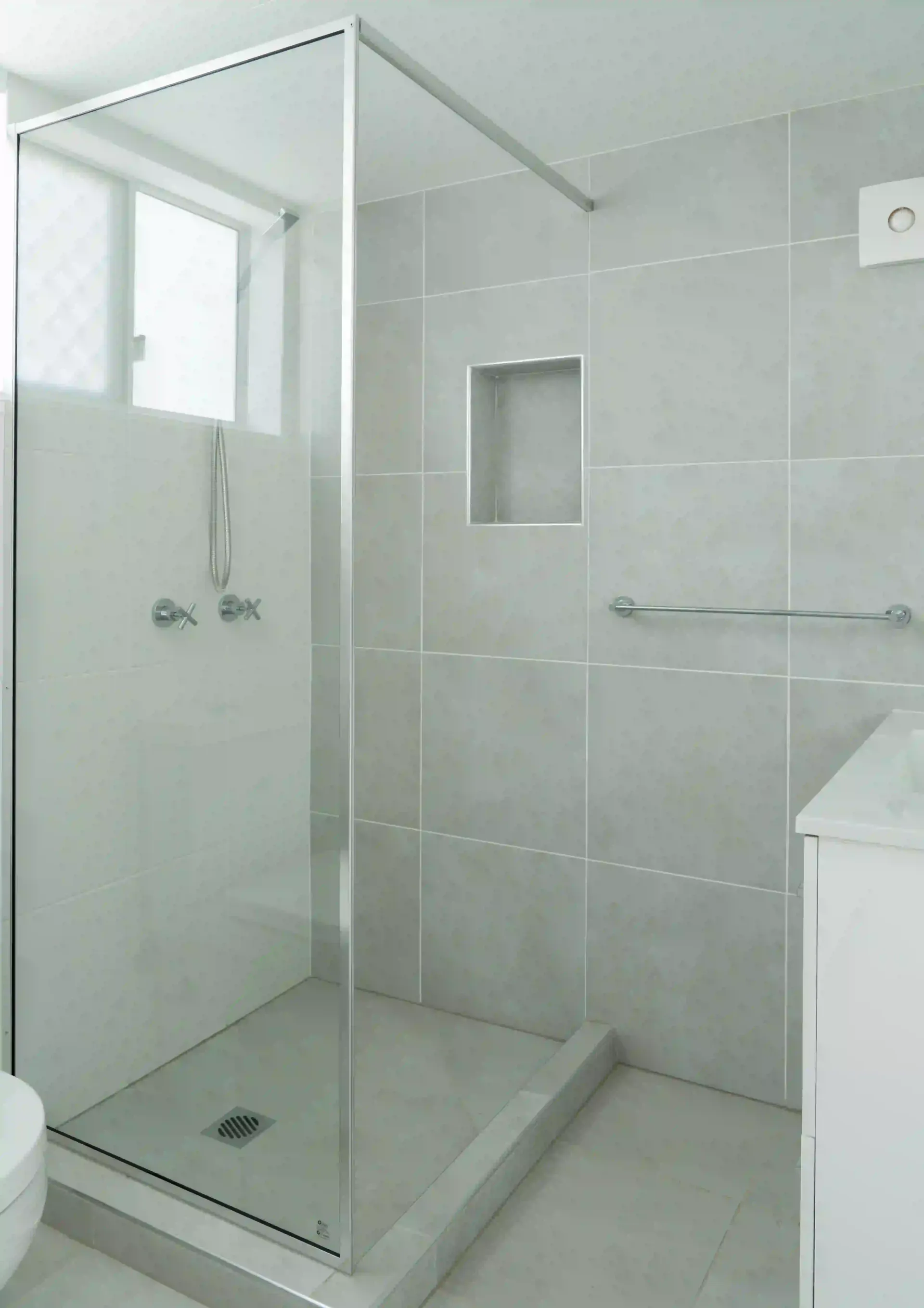 Un baño con ducha a ras de suelo y un inodoro.