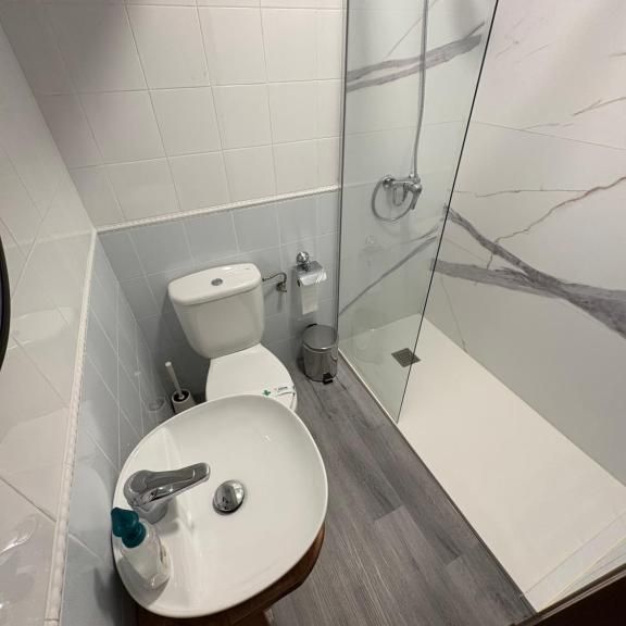 Un baño con inodoro, lavabo y ducha.