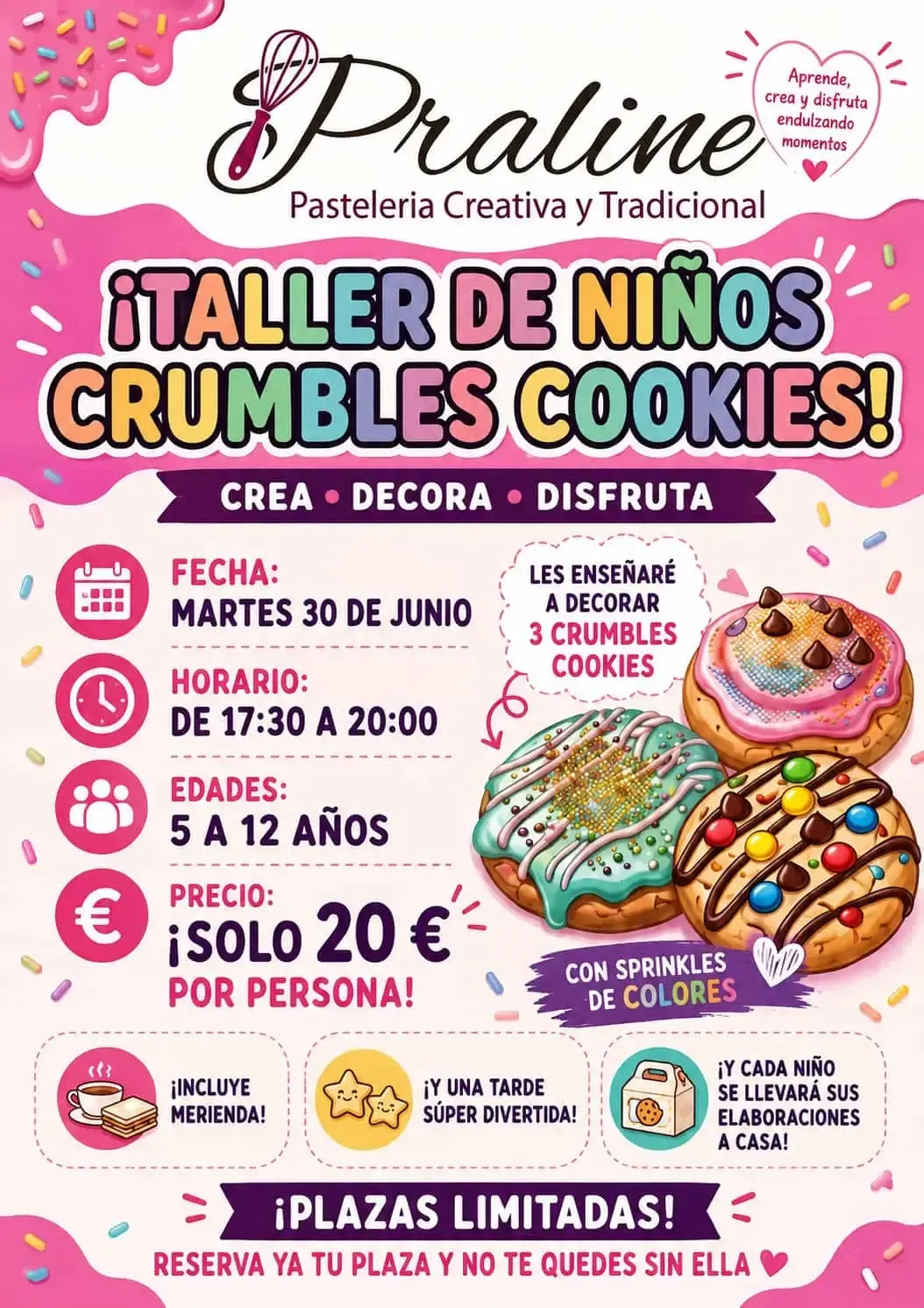 Cartel rosa para un taller infantil de “Crumbles Cookies”, con fechas, horario, precio y galletas decoradas.