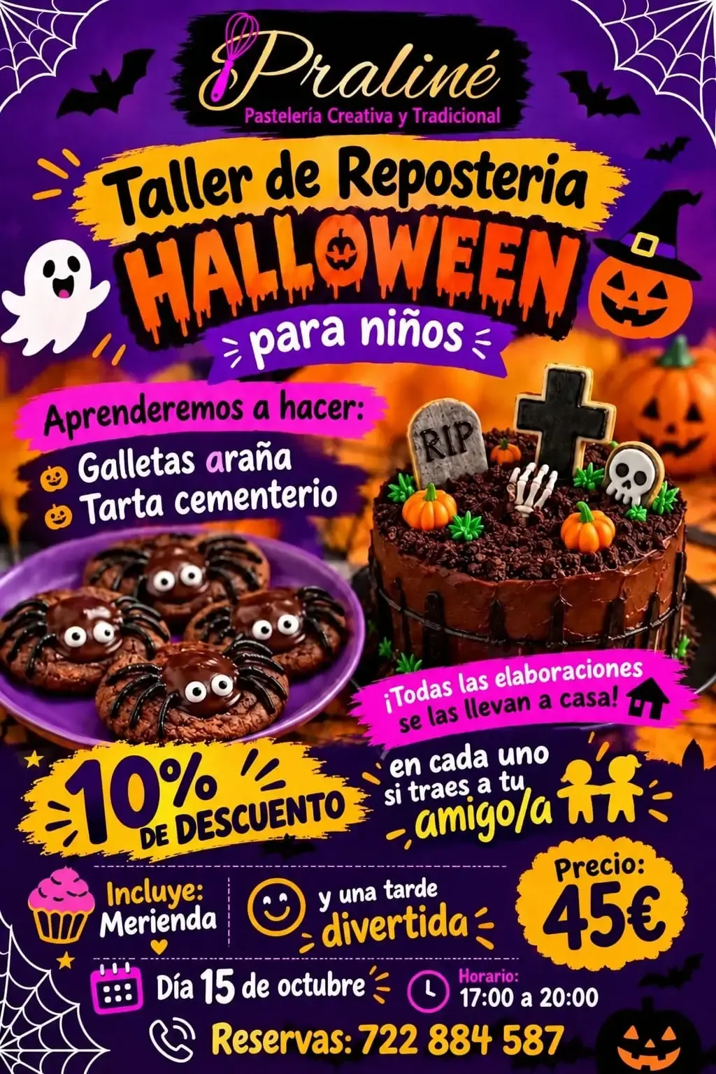 Cartel morado de un taller de repostería de Halloween para niños, con galletas, tarta y un 10 % de descuento