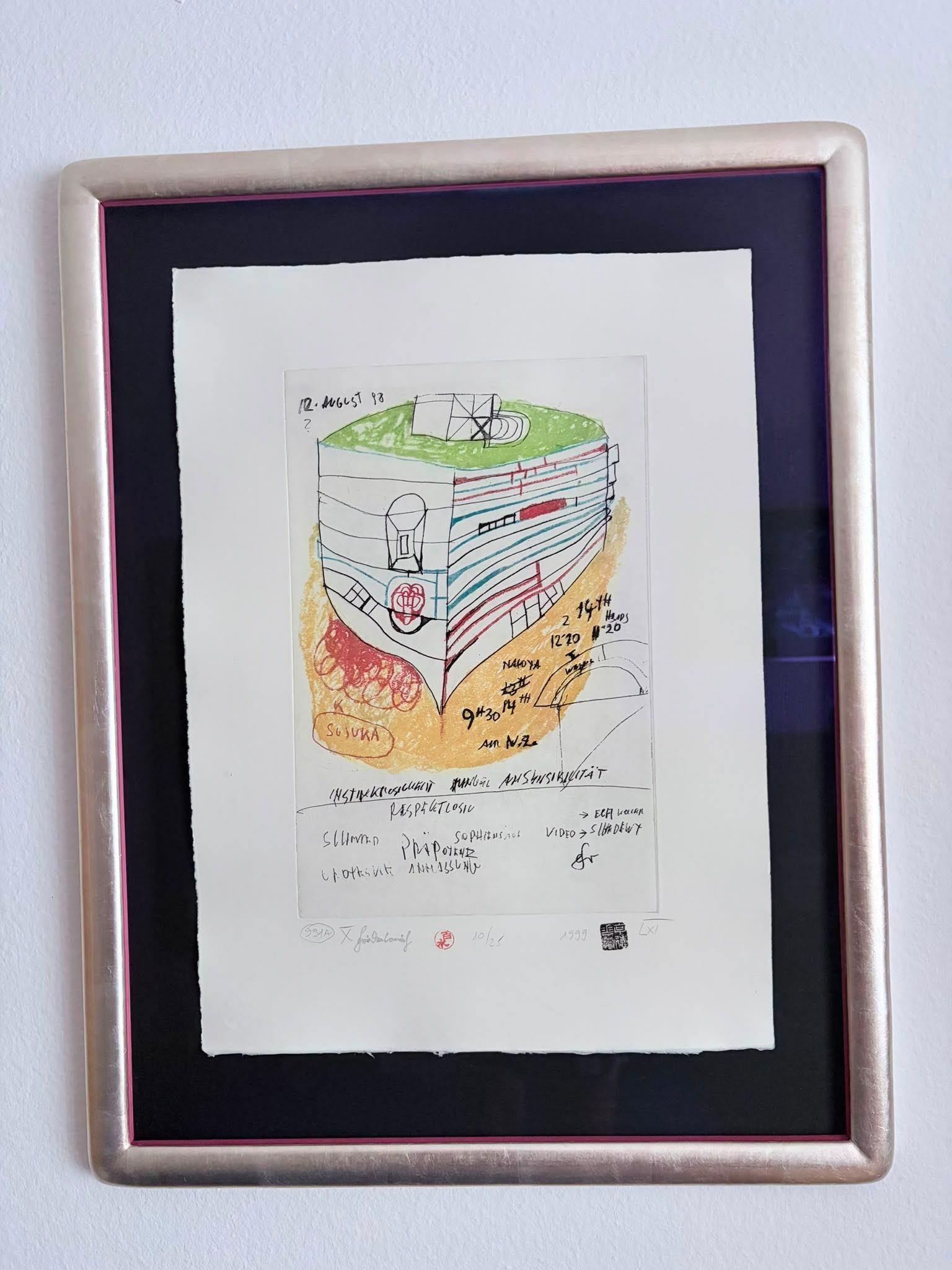 Hundertwasser :
Schiff-Regentag 1999, Aquatinta -Radierung, Edition 25Ex.