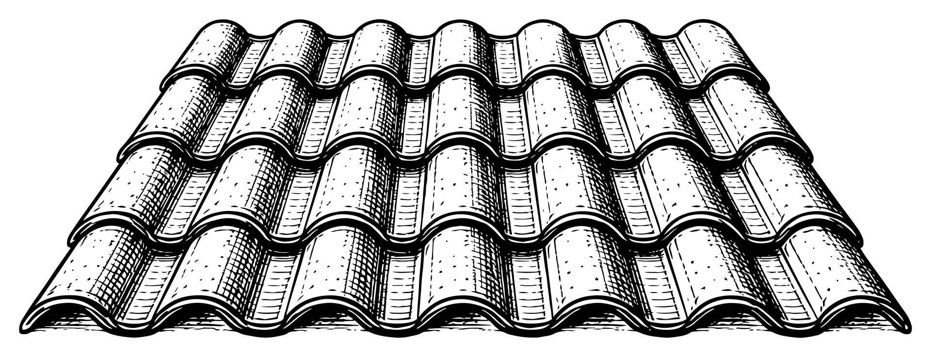Illustration en noir et blanc de tuiles de toit courbes se chevauchant, comme une surface de toit en tuiles