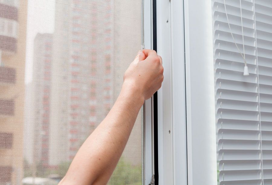 Mano abriendo la mosquitera de una ventana; vista de los edificios de la ciudad a través de la pantalla.