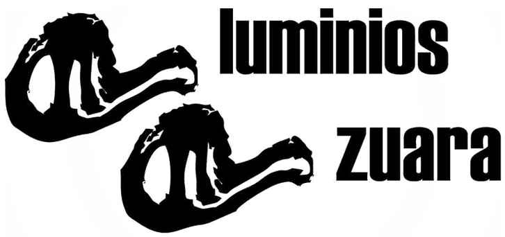 Logotipo con dos calaveras de pájaros estilizadas, la palabra "luminios" encima de "zuara".