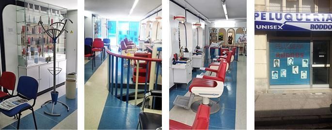 Collage de un luminoso interior de una clínica dental con sillones de exploración, equipos y una fachada azul.