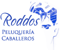 Logotipo de Roddos Peluquería Caballeros en azul, con una ilustración estilizada de un barbero.
