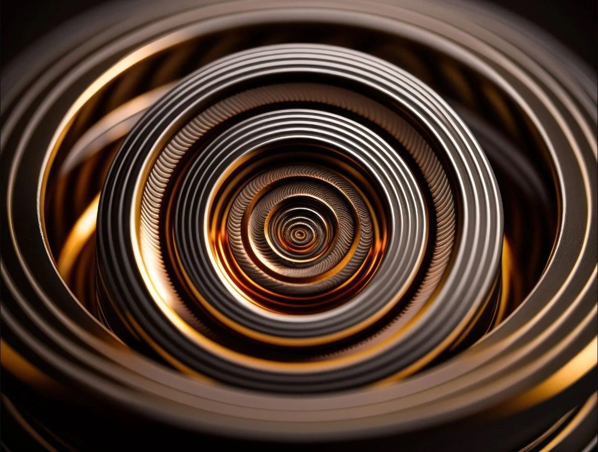 Anillos metálicos concéntricos que se enroscan hacia el interior, con tonos dorados y plateados, creando un efecto 3D.