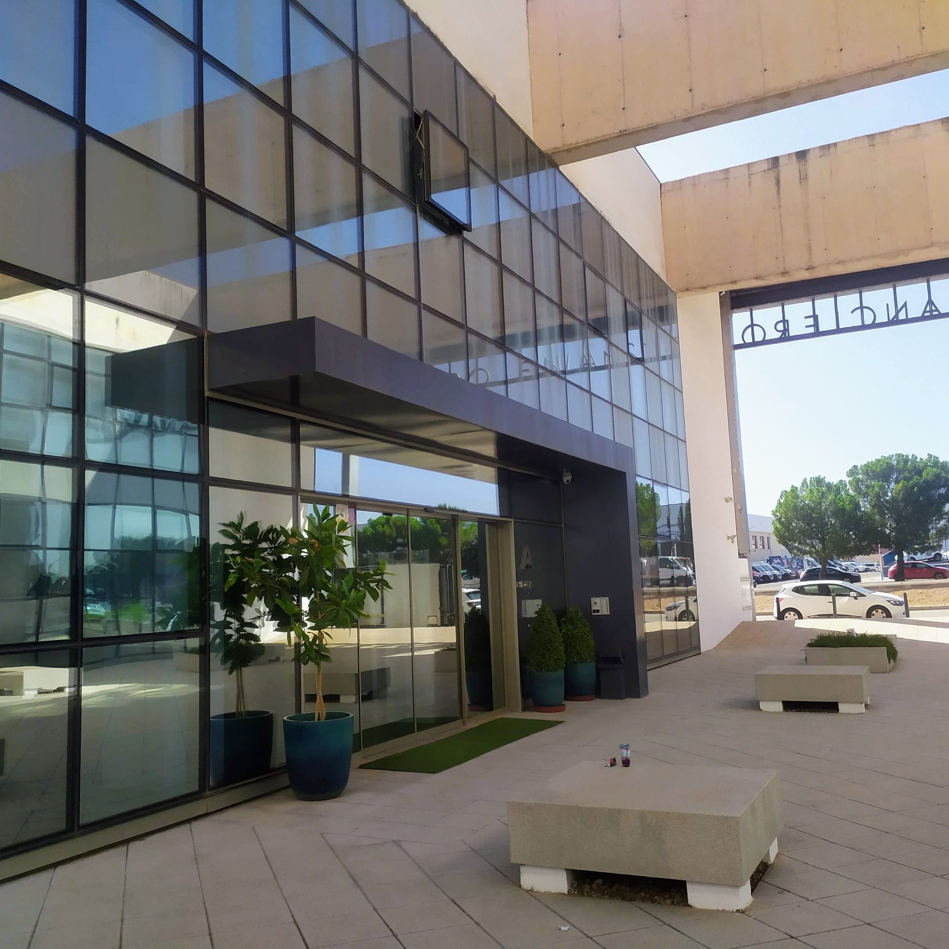 Entrada de edificio moderno con ventanales que reflejan el entorno. Plantas en macetas flanquean la puerta; bancos de hormigón al frente.