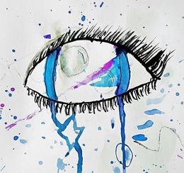 Ojo de acuarela con lágrimas azules, pestañas y salpicaduras de pintura de colores, que transmite tristeza.