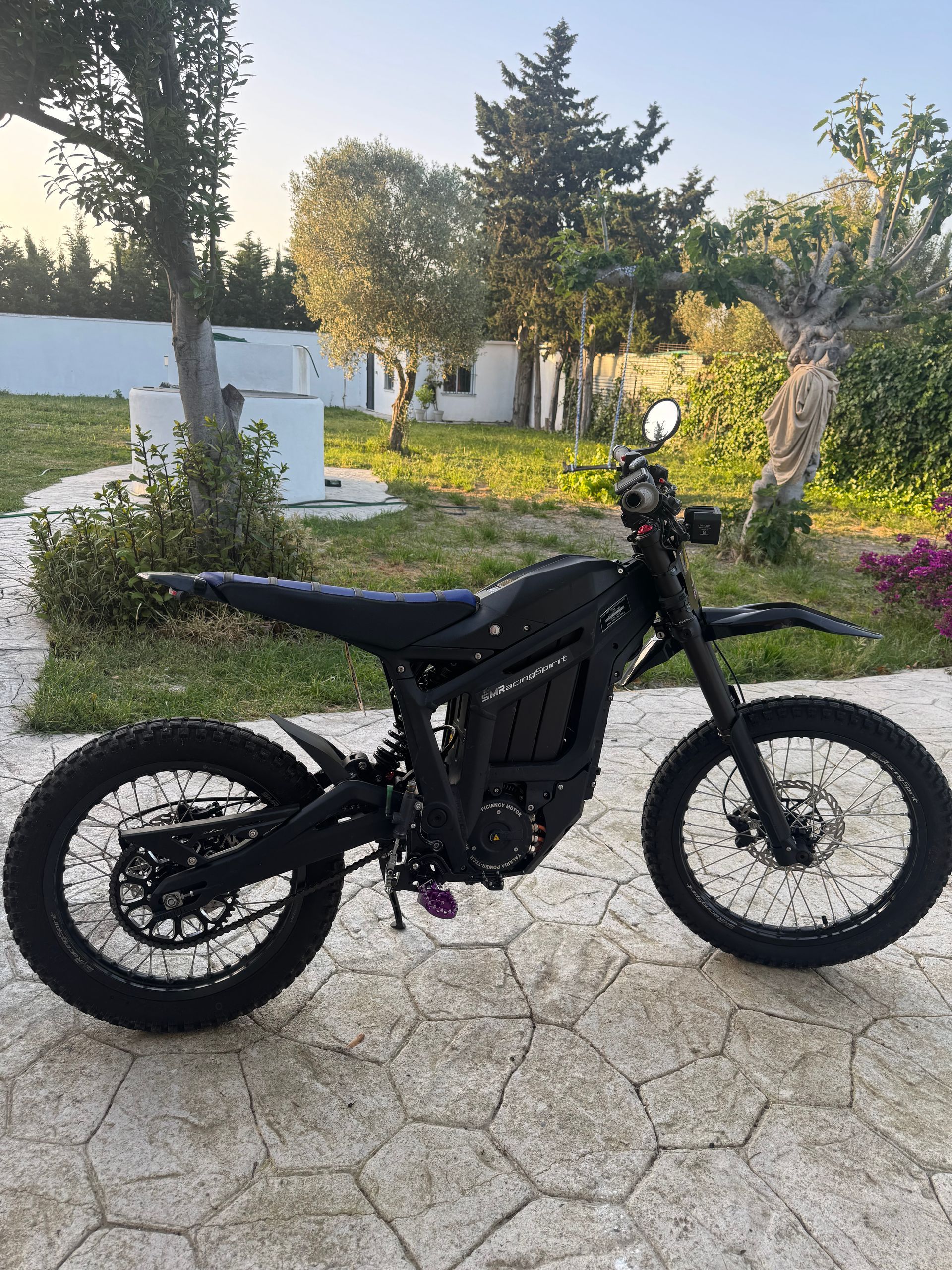 Un hombre está haciendo un truco en una motocicleta eléctrica en un campo.