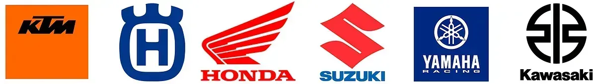 Una fila de logotipos de motocicletas, incluidos KTM, Honda, Suzuki y Kawasaki.