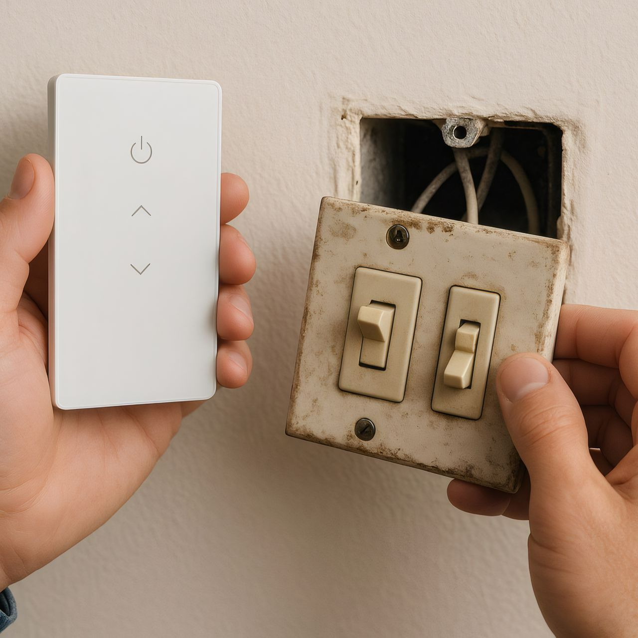 Télécommande à côté d'une prise à interrupteurs