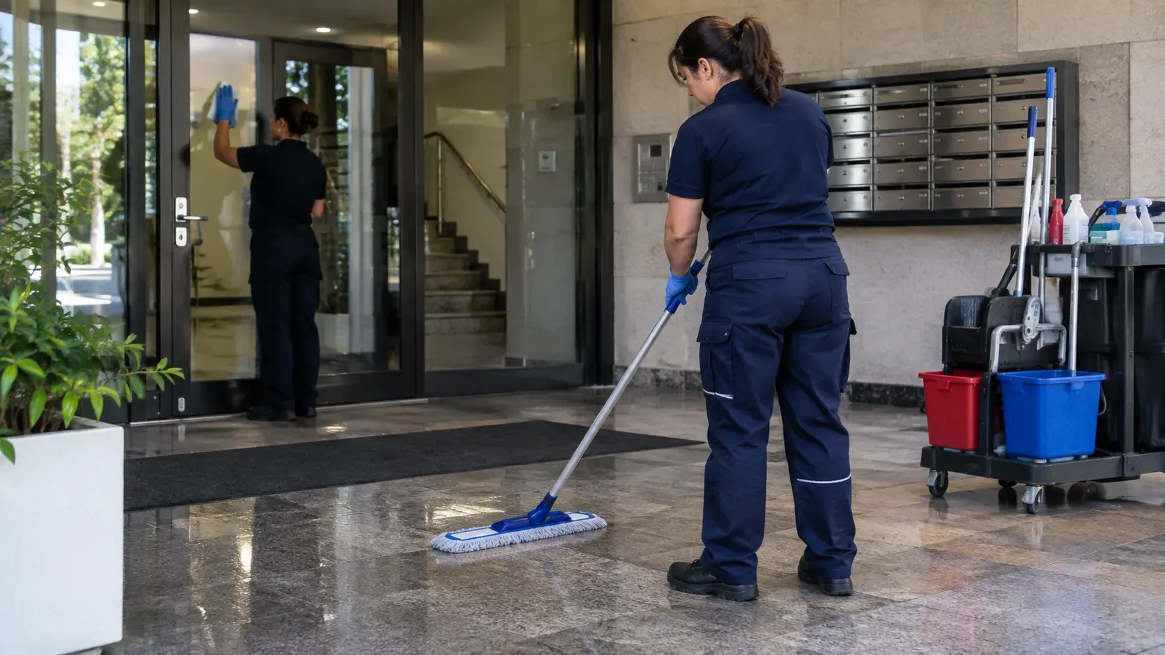 Un conserje está fregando el suelo mojado del vestíbulo, cerca de la entrada del edificio y los buzones.