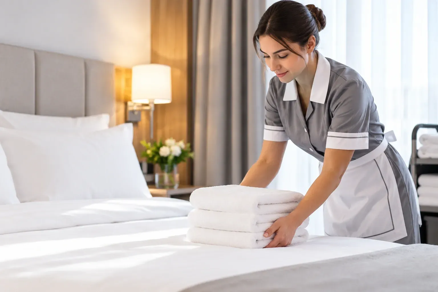 Ama de llaves del hotel colocando toallas dobladas sobre una cama