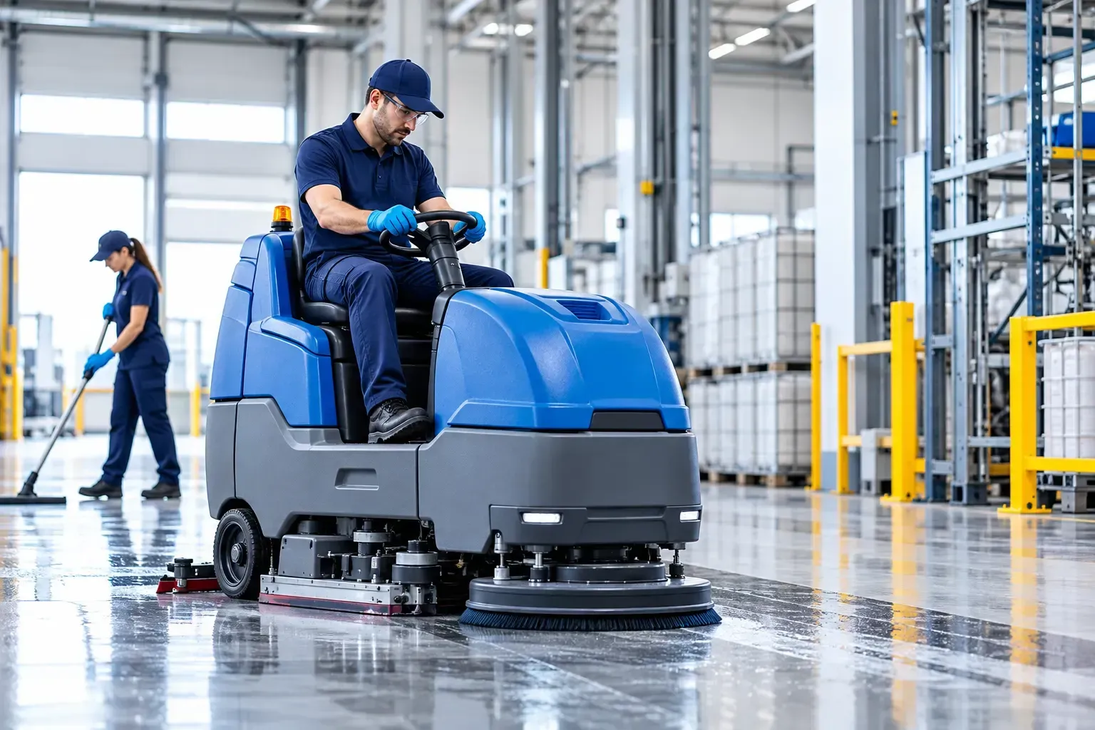 Máquina azul de limpieza de suelos en funcionamiento en un almacén industrial.