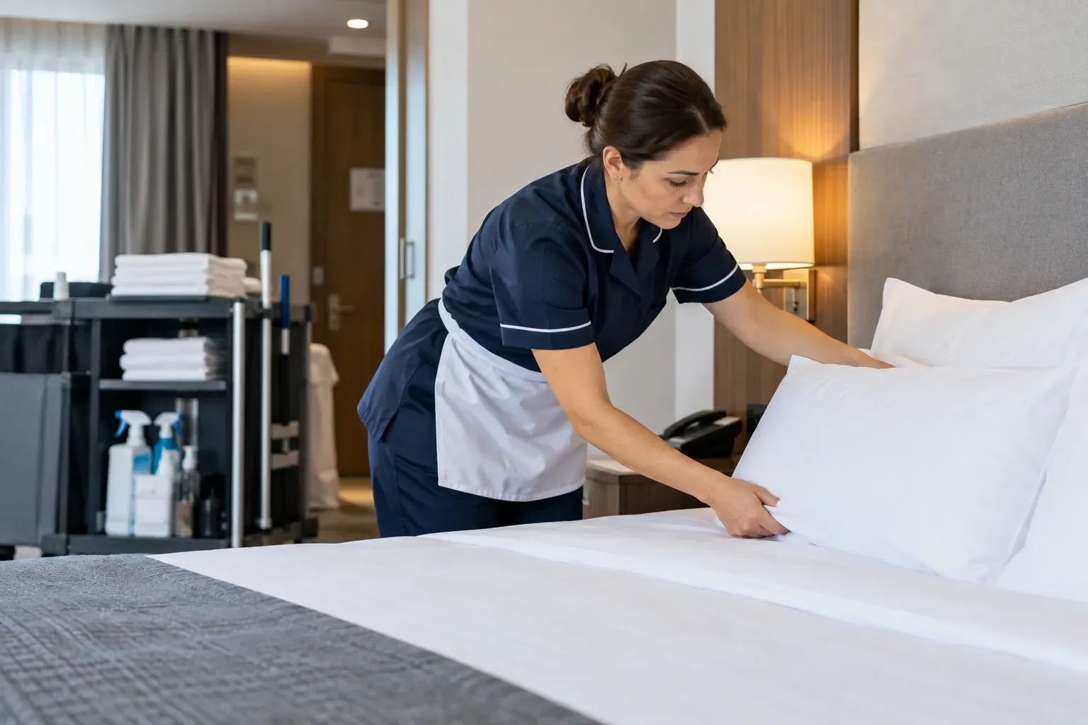Ama de llaves del hotel haciendo la cama en una habitación moderna.