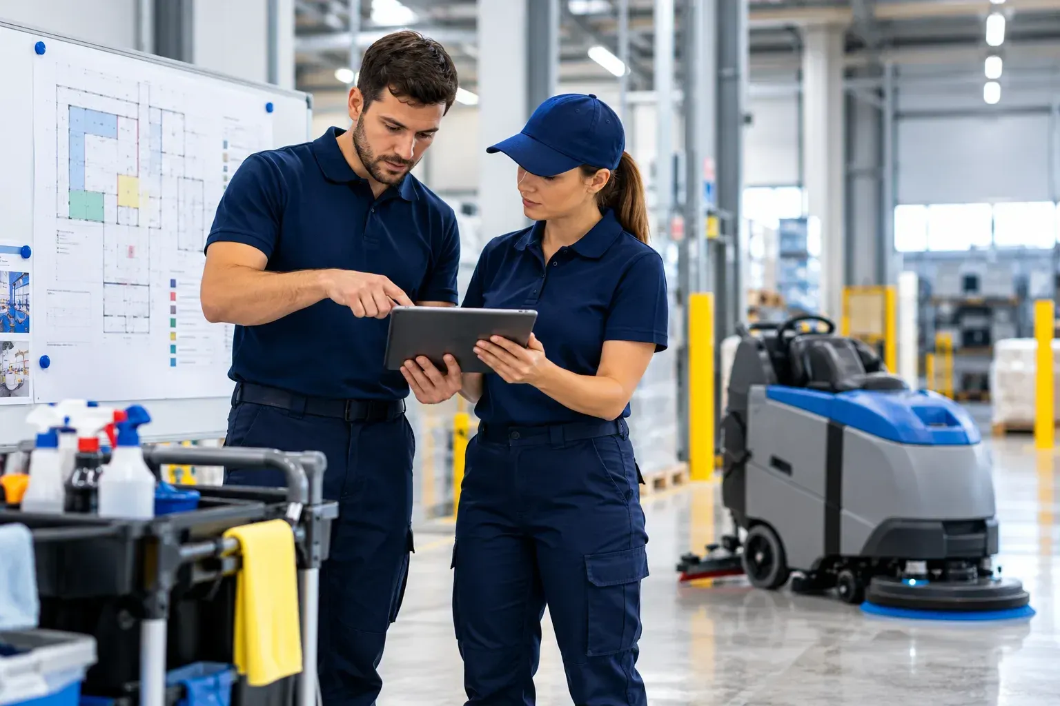 Dos trabajadores de una fábrica revisan datos en una tableta junto a un robot autónomo de limpieza de suelos.