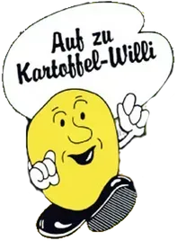 Ein Cartoon einer Kartoffel mit einer Sprechblase, die sagt: „Auf zu Kartoffel-Willi“