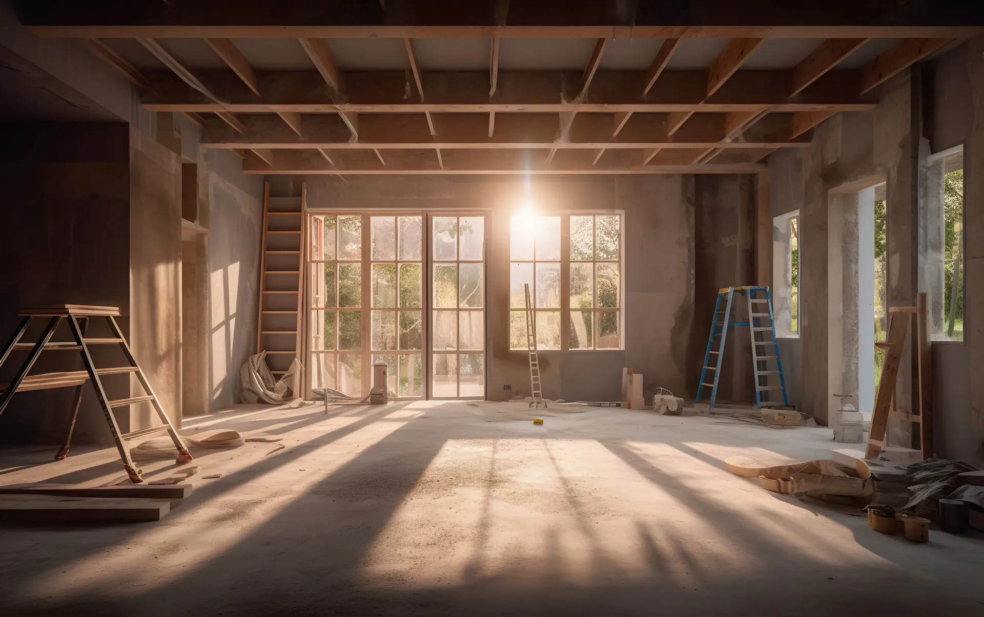 Interior soleado en construcción. Vigas de madera, andamios, grandes ventanales y suelo de hormigón.
