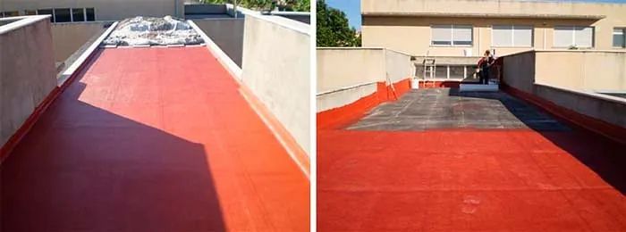 Techo pintado de rojo con paredes de hormigón en un día soleado. Se ve una persona a la derecha del techo.