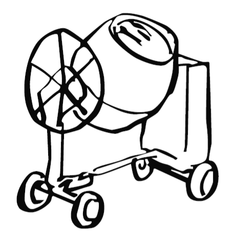 Una ilustración de dibujos animados de una hormigonera amarilla y roja sobre ruedas.